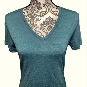2/$12 NWT Nine West Women’s Size XS Soft-Spun V-Neck Green Silver Striped Tee